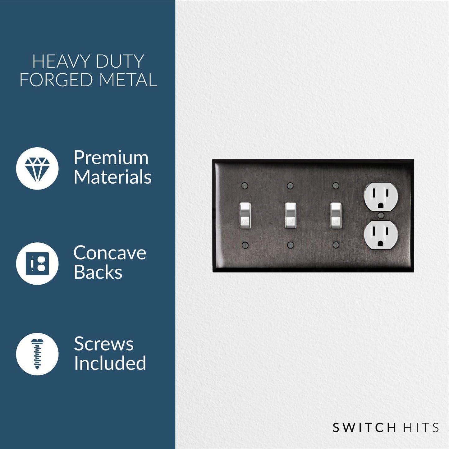 Satin Nickel Black Outlet Wall Plate | 3 Toggle - 1 Duplex | 8.25" x 4.5" | Hand-Polished Brass Construction