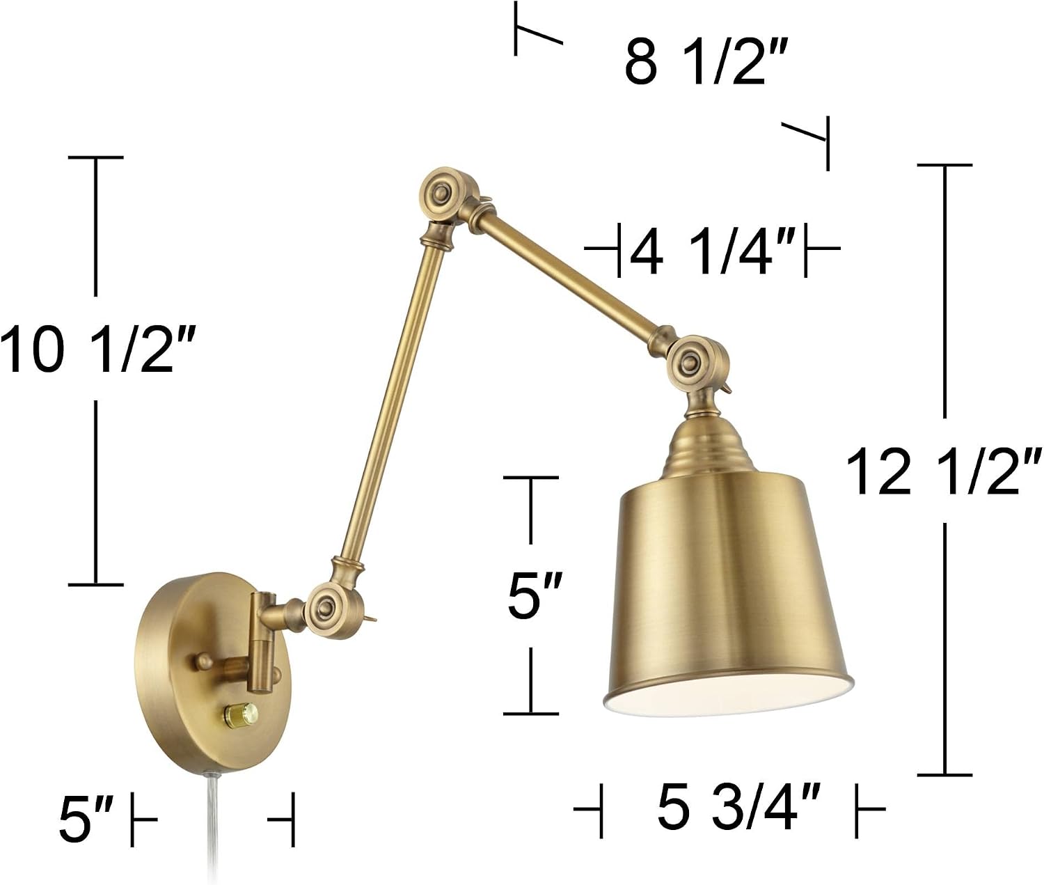 Mendes Antique Brass Swing Arm Plug-In Wall Lamps Set of 2 Light Fixture | Modern Adjustable Up Down Metal Shade for