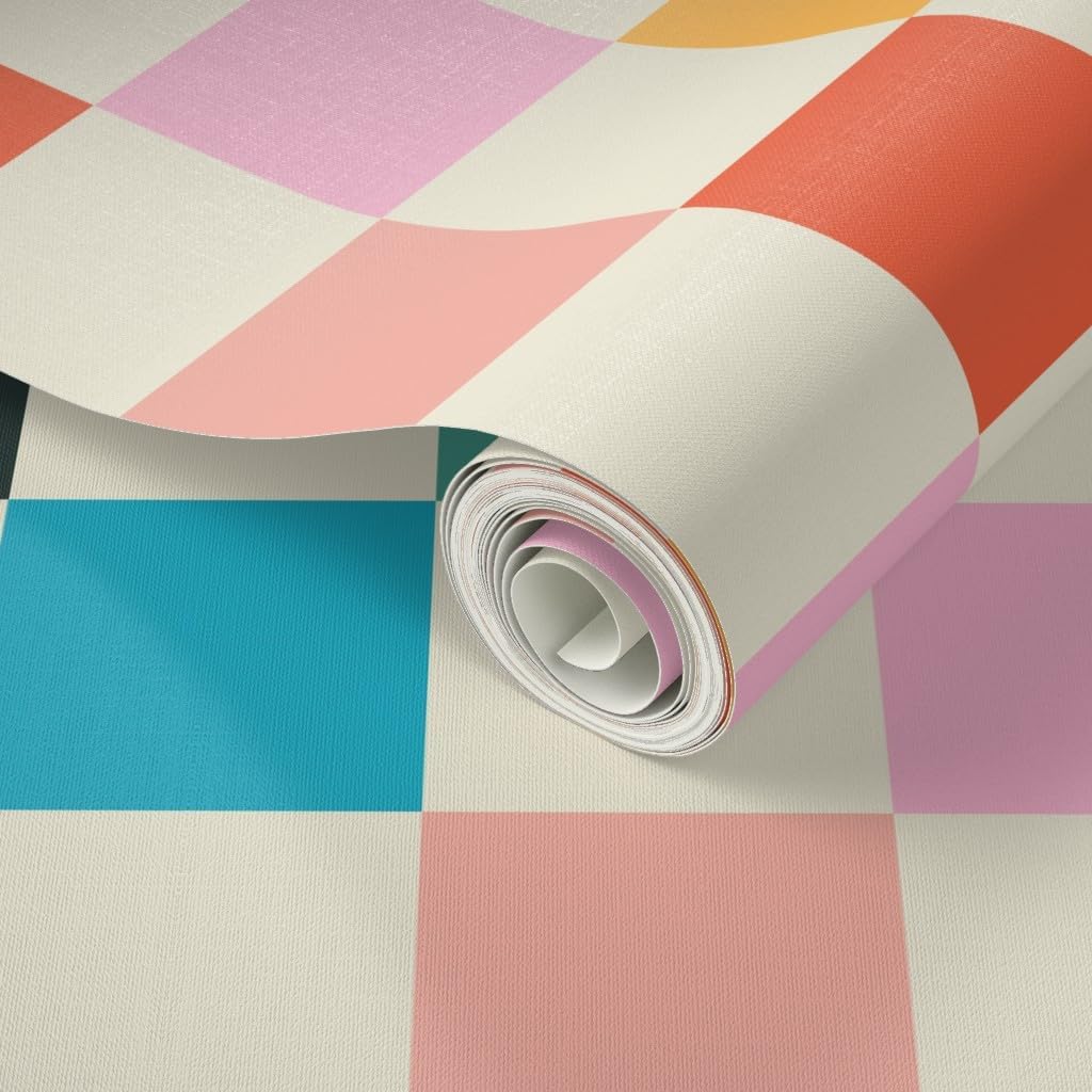 Retro Checkerboard Orange Modern Multicolor Checker Custom Removable / 24 x 144 / Roll / Pink