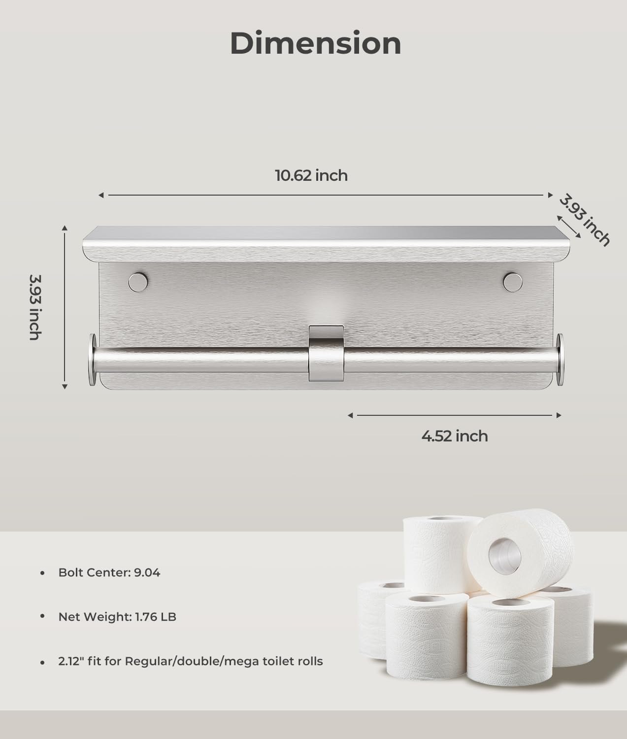 Double Toilet Paper Holder with Shelf, Wall Mount Tissue Roll Holder for Bathroom, 304 Stainless Steel Commercial