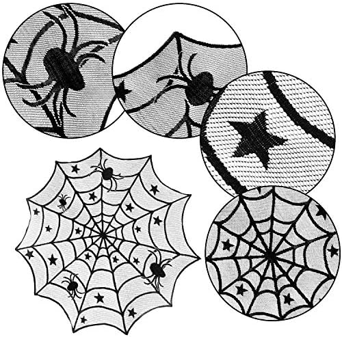Jovitec Round Lace Table Topper Black Spider Tablecloth and Fireplace Spider Decorations Lace Spiderweb Mantle Scarf Cover for Halloween Window, Dinner Party, Festival Party, Scary Movie Nights