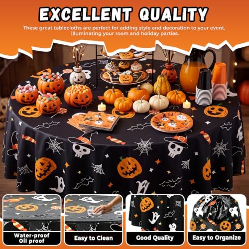 6 Pack Halloween Tablecloth, 84" Round Plastic Pumpkin Ghost Table Cloth Large Size Round Halloween Table Covers for Home Decor Halloween Party Decorations