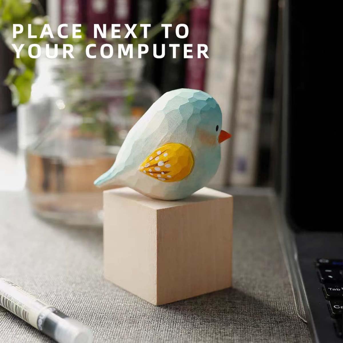 Bird Figurines Small Bird Figurines Home Decor Hand Carved Painted Wooden Statues / Blue and White