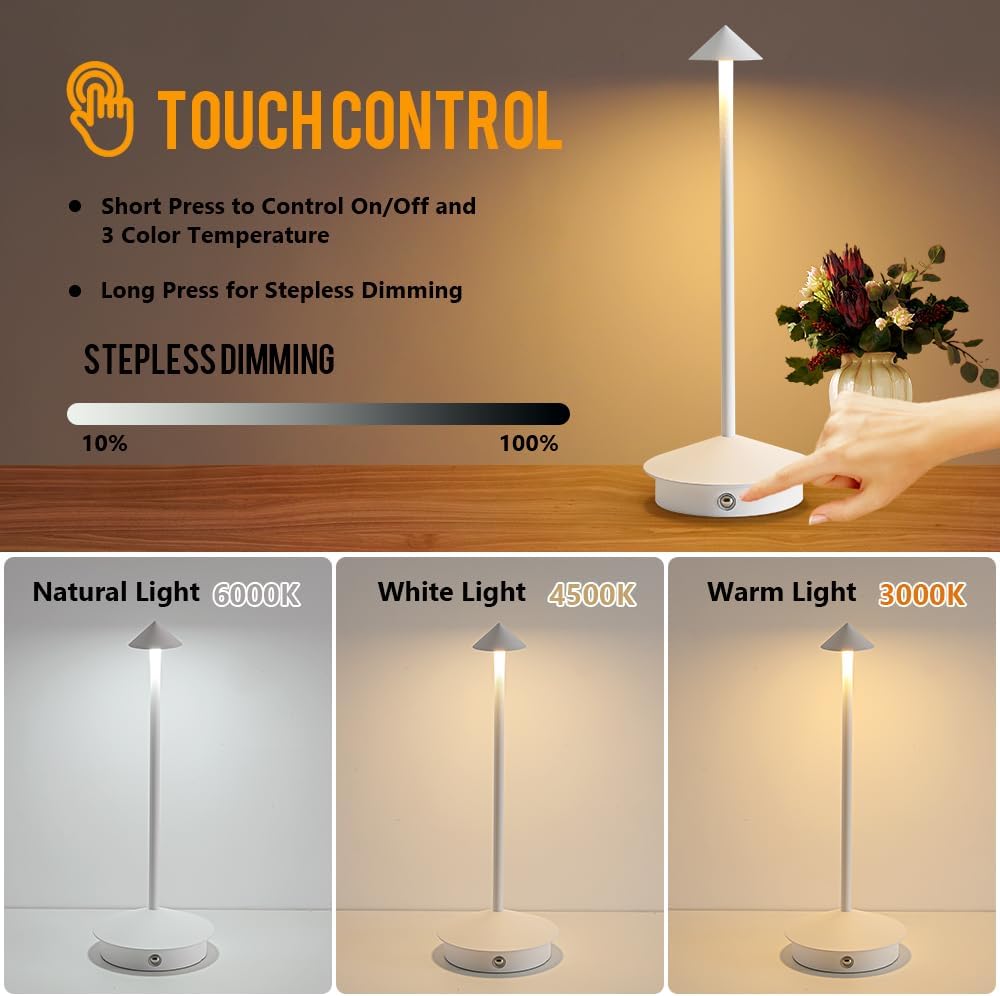 2 Pack LED Rechargeable Cordless Table Lamps,Portable Outdoor 5000mAh Battery Operated Table Light Touch Control 3