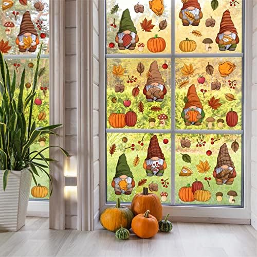 WALPLUS Fall Decor Autumn Window Clings Thanksgiving Decorations Double-Sided Reusable Peel and Stick Removable for Glass Living Room Nursery Room Home Office Thanksgiving Gnomes 102 Pieces