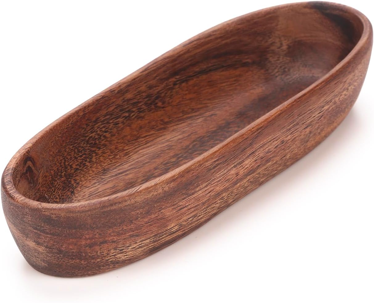 Wooden Oval Decorative Bowl Handcrafted Boat Shaped Tray Catchall for Keys Candy / 10 x 3.4 x 1.8