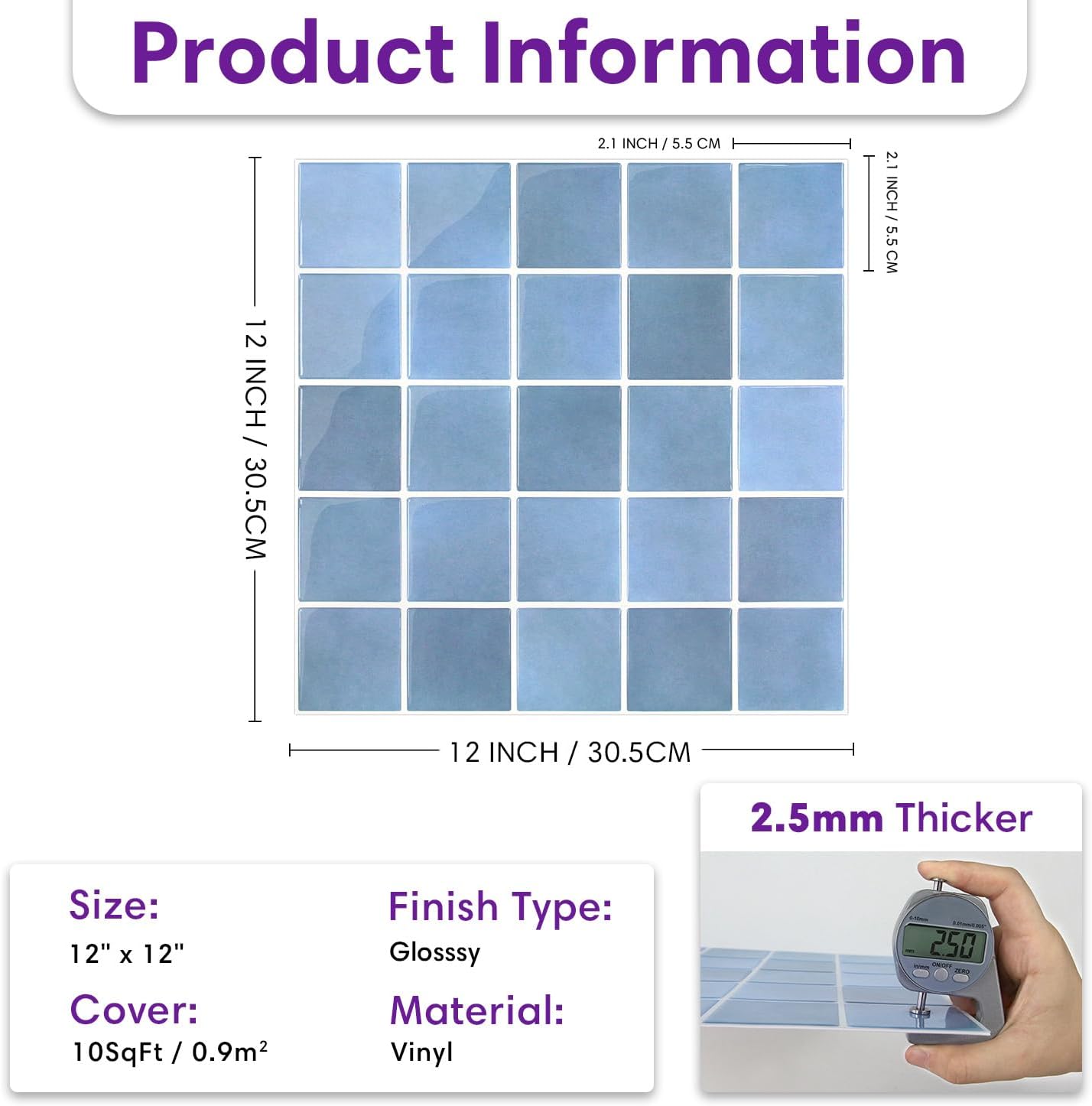 Textured Speckles Peel and Stick Backsplash Tiles- of -3D Adhesive / Gray/blue / 12 x 12 / Set of 10