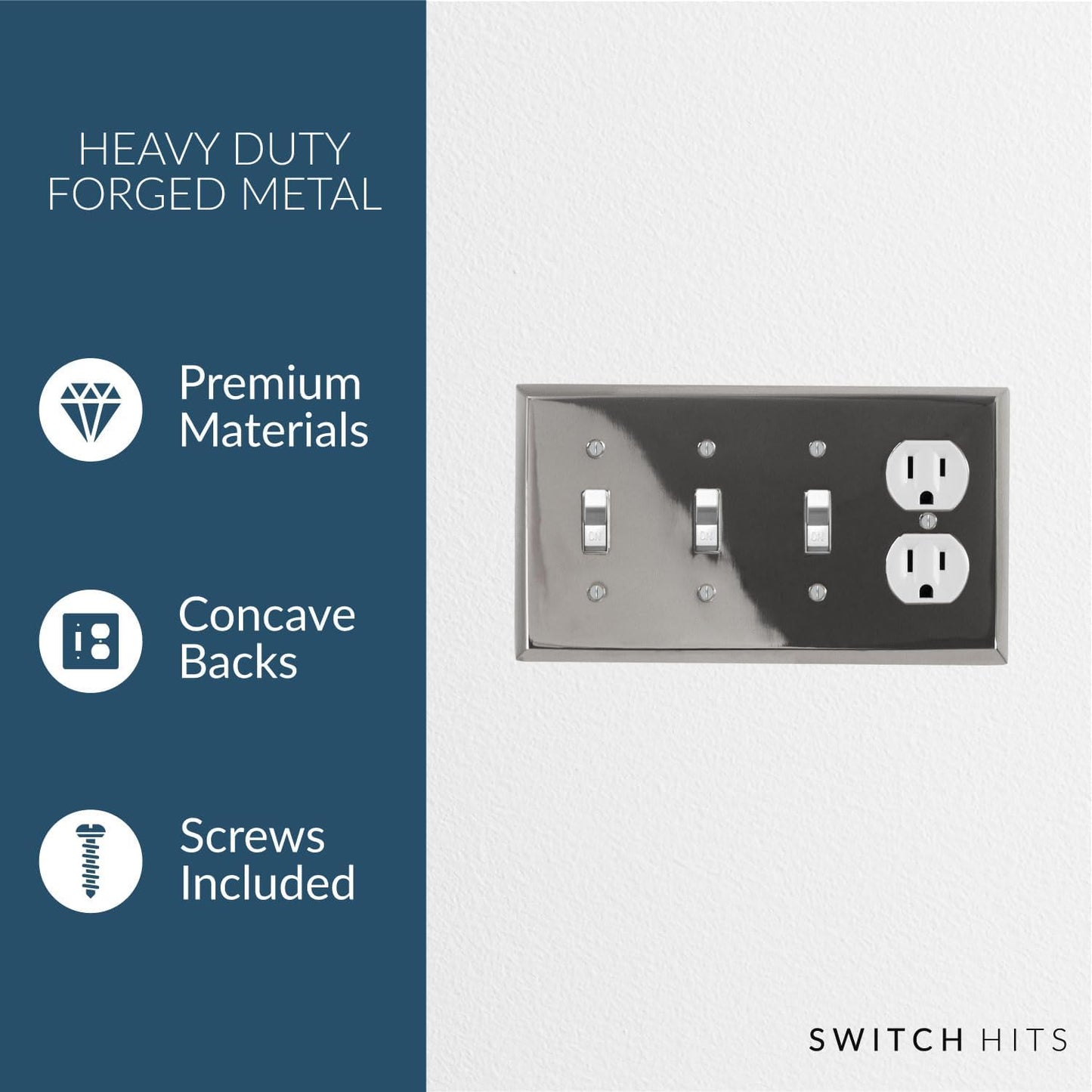 Polished Nickel Outlet Wall Plate | 3 Toggle - 1 Duplex | 8.25" x 4.5" | Hand-Polished Brass Construction | Electrical