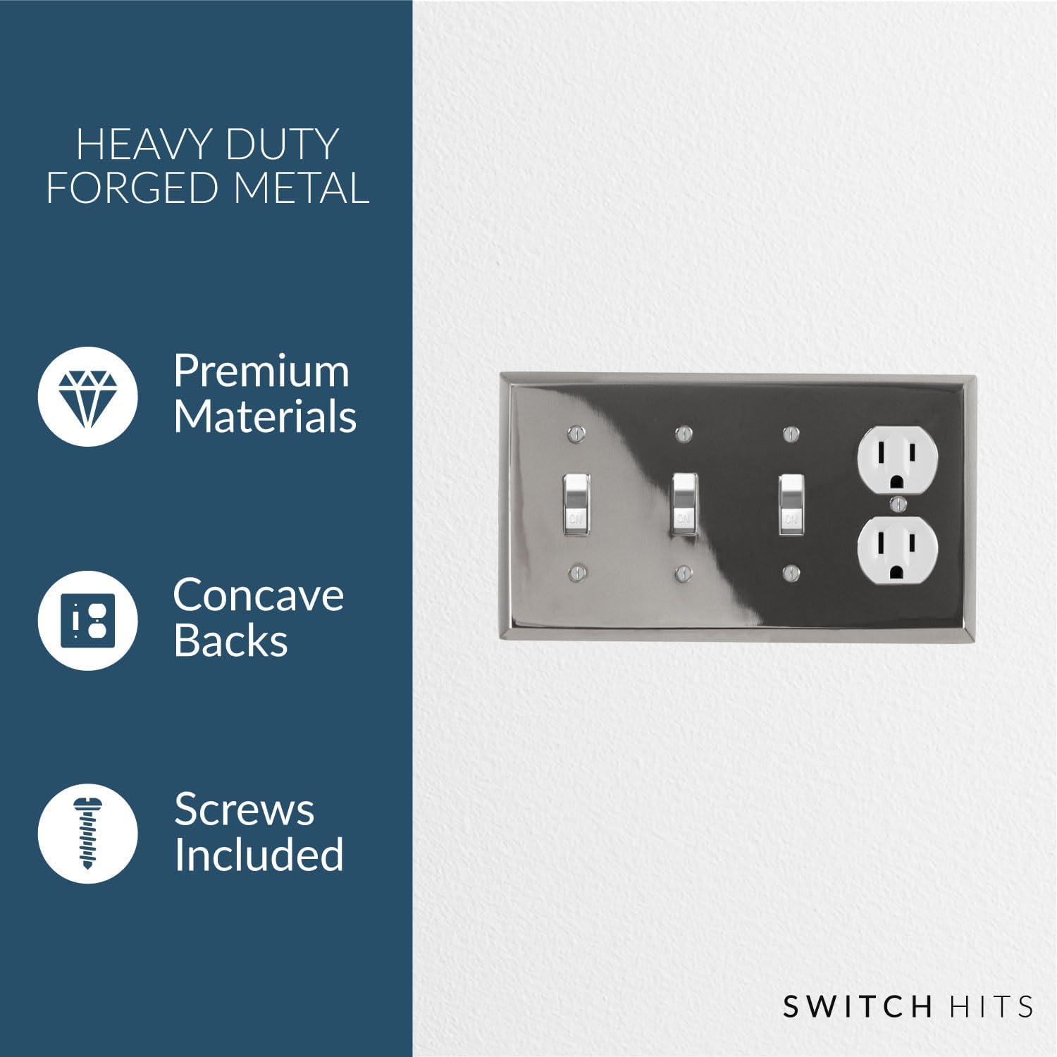 Polished Nickel Outlet Wall Plate | 3 Toggle - 1 Duplex | 8.25" x 4.5" | Hand-Polished Brass Construction | Electrical