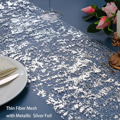 Snowkingdom Silver Table Runner, Sequin Glitter Foil Metallic Runner 11 Inch x 100 Feet, Silver Mesh Table Decorations Centrepiece for Wedding Birthday Party Christmas
