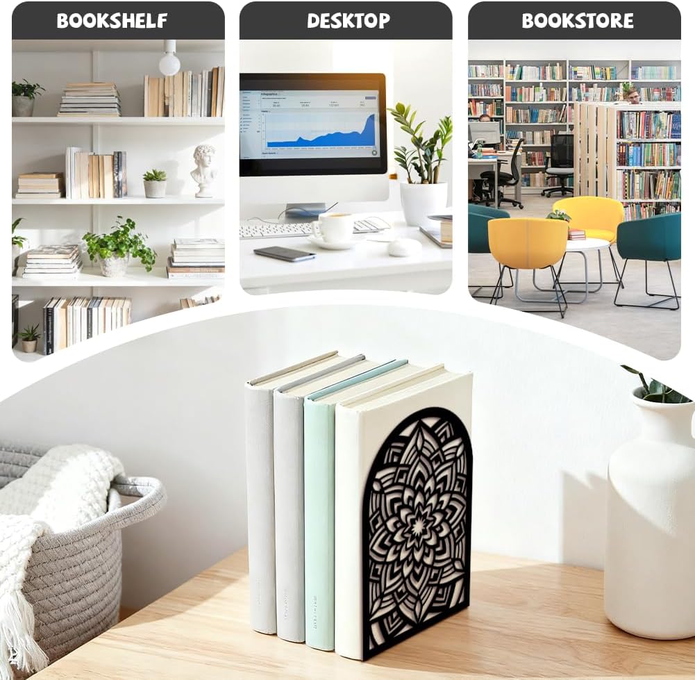 Metal Bookends / Modern Decorative Heavy Duty Study Book Ends Stoppers / Mandala Pattern