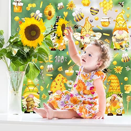Whaline 9 Sheets Bee Gnome Window Clings Summer Floral Honeycomb PVC Window Stickers for Summer Home Room Classroom Decor Party Supplies