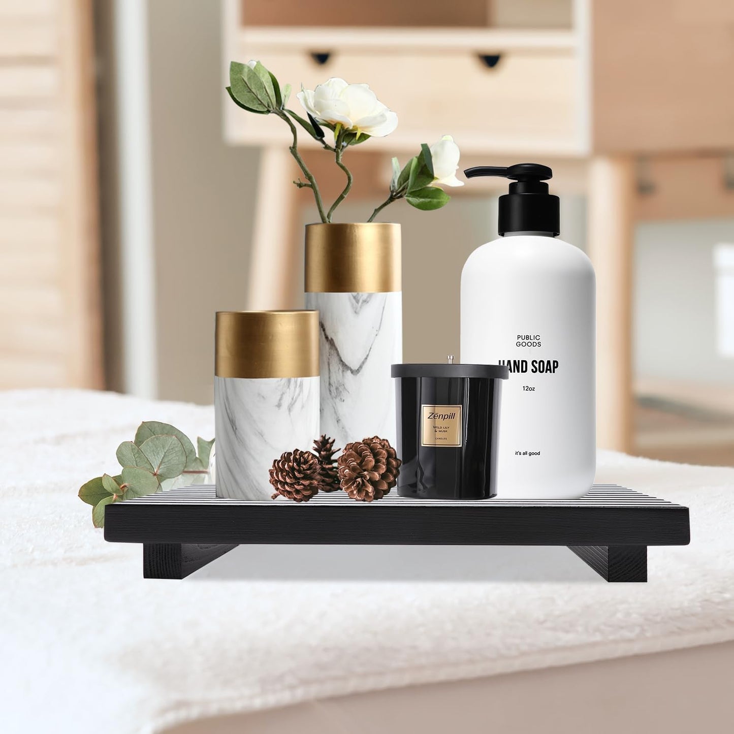 Bathroom Counter Tray Organizer Wood Riser Stand Kitchen Countertop Trays Wooden / 12 x 6.7 / Black