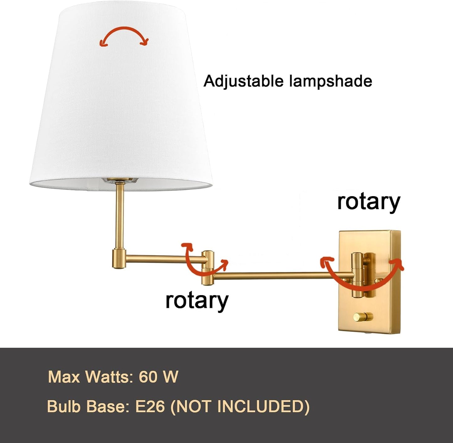 HYDELITE Gold Swing Arm Wall Lamp Brass Wall Sconces with Linen Shade | Plug-in or Hardwired Wall Light Fixtures
