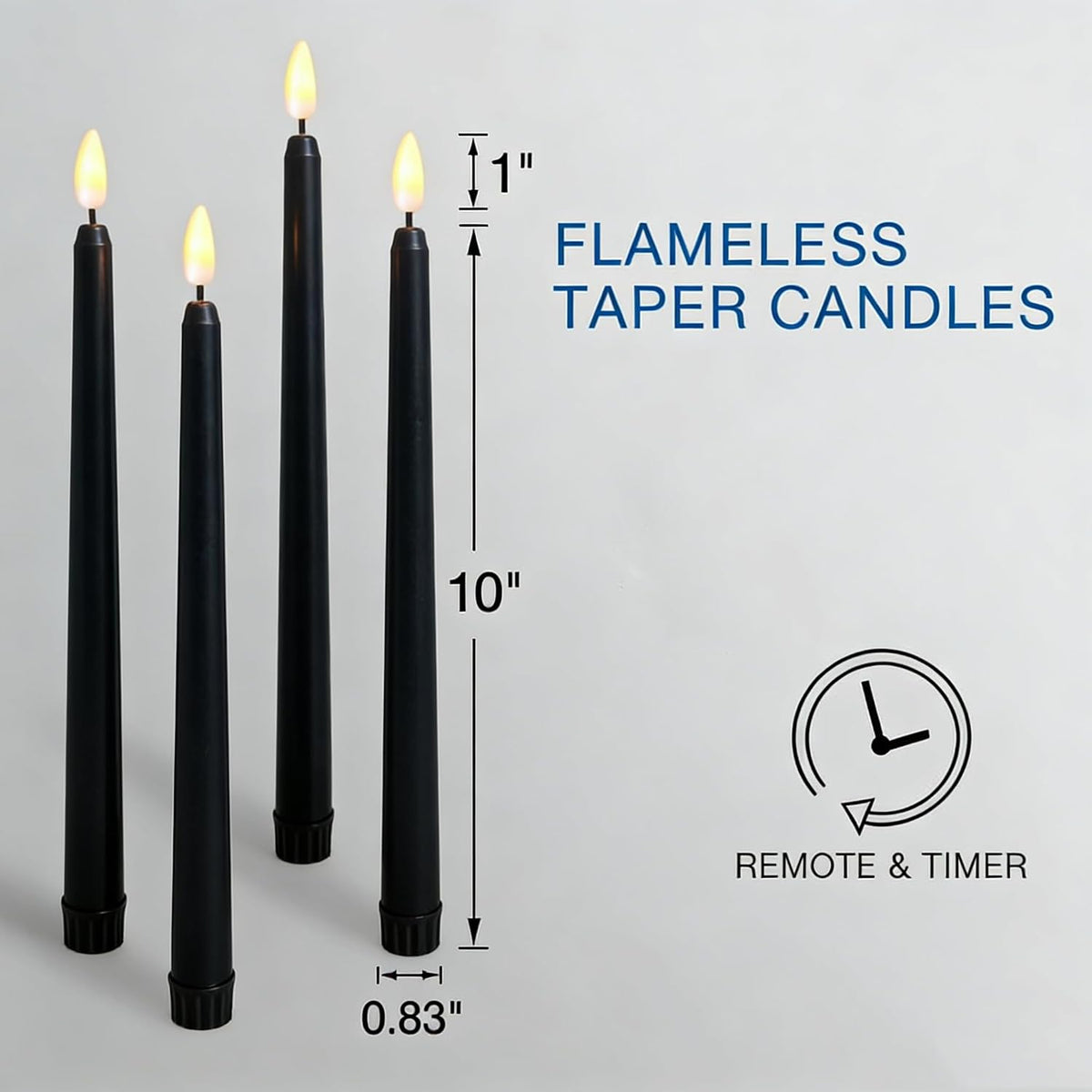 Black Halloween Flameless Taper Candles with Remote Timer Set of 12 | Flickering LED Candlesticks, 2 AAA Battery