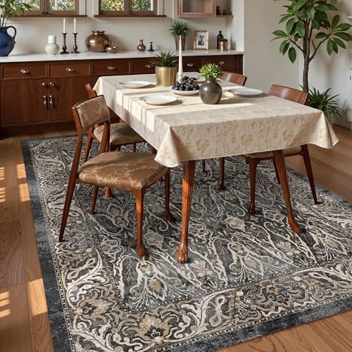 Washable Area Rug 4' x 6' Vintage Traditional Persian Mat - Foldable Distressed Non-Slip Machine Washable Carpet for