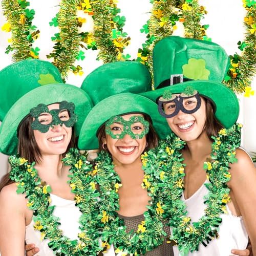66 Ft St.Patrick's Day Tinsel Garland Decorations Shiny Thick Green Hat and Gold Shamrock Design St Patricks Day Clover Hanging Decor Garland for Irish Holiday Party Parade Floats Ornaments