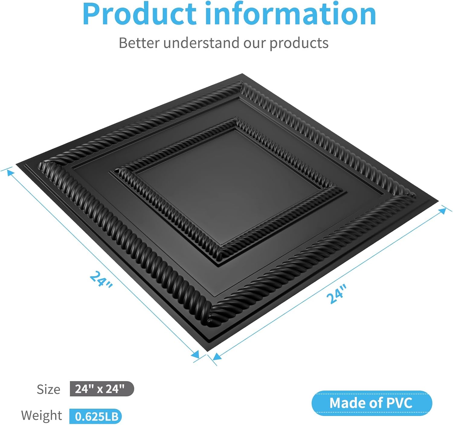 PVC Lightweight Drop Ceiling Tile / Square Black / 24 x 24 / Set of 12