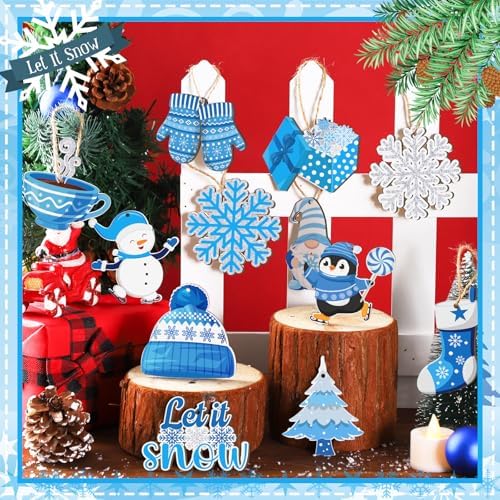 Qunclay 36 Pcs Winter Ornaments for Tree Blue Christmas Snowflake Wooden Hanging Ornament Snowman Gnome Wonderland Wood Pendant Winter Decorations for Home Small Tree Party Decor