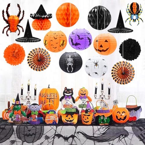 16-Pack Halloween Honeycomb Paper Lantern Ornaments – Hanging Decorations in Pumpkin, Spider, Witch Hat, and Ghost Designs for Halloween Party, Indoor Outdoor Décor, Fall Festival Supplies