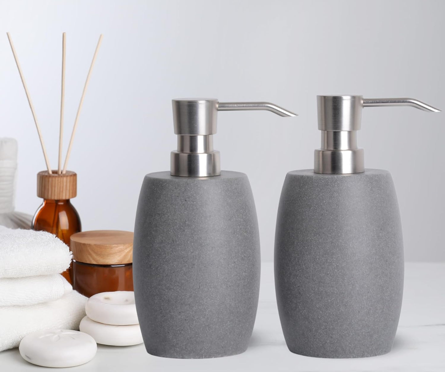 Clasin Home Sandstone Textured Resin Soap Dispenser with Metallic Pump and Waterproof Bottle Labels for Bathroom