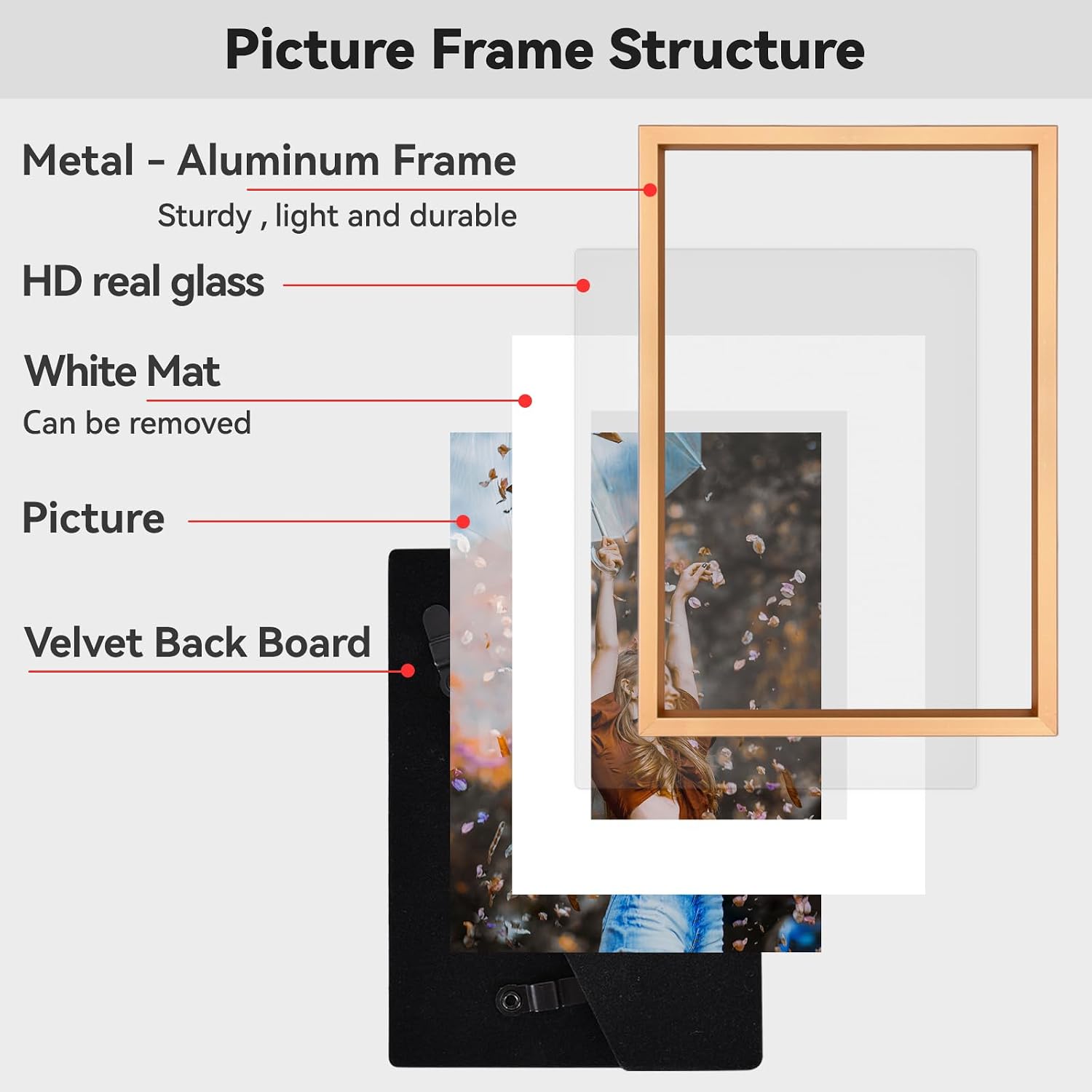 BKABOT 8.5x11 Gold Metal Photo frames 3 Pack HD Glass Mat 5x7 Wall Table | Thin brushed aluminum Picture