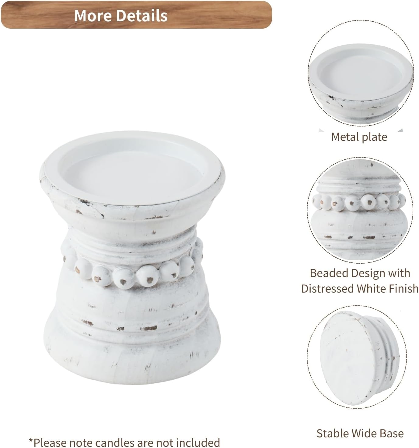 Wooden Candle Holder / Distressed White / 4 Inch