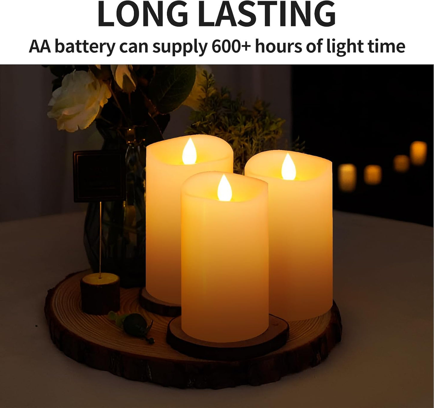 3" x 5" Flameless Candles Set of 3, 2AA Battery Life 600 Hours Battery Candles Flickering with Timer, 5 inch Flameless