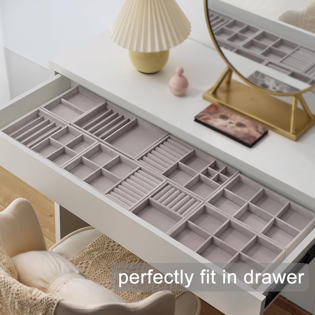 Jewelry Organizer Tray Drawer Inserts Stackable Velvet Liner Dividers / Grey / Set of 10