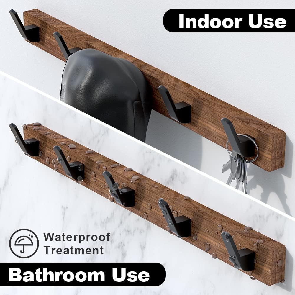 Adhesive Mounted Entryway Hooks / Coat Rack with 5 Hooks / Black / 17 Inch