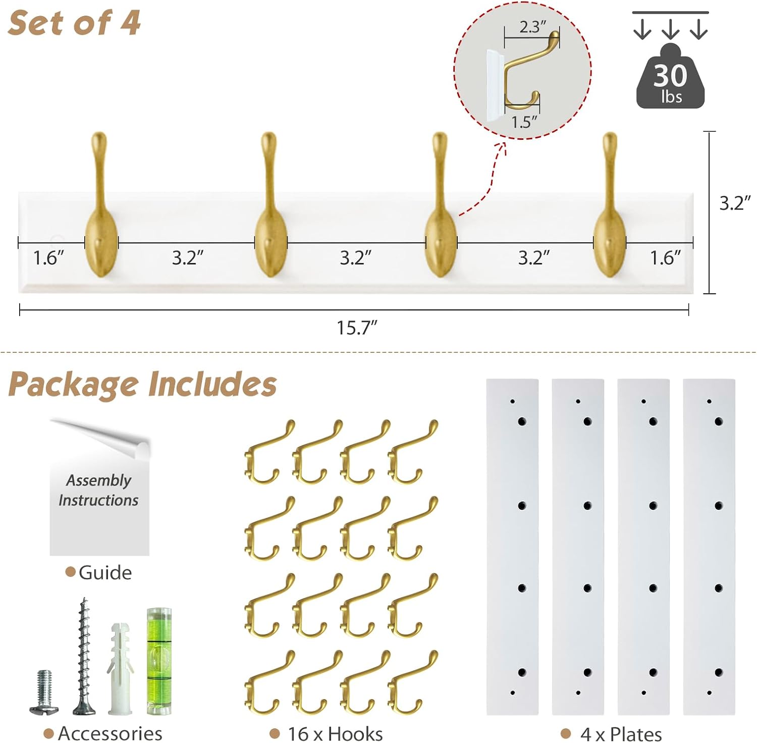 Forbena Gold Coat Rack Wall Mount, Decorative Coat Hooks for Wall, Heavy Duty Coat Hanger Key Holder for Hanging Hats