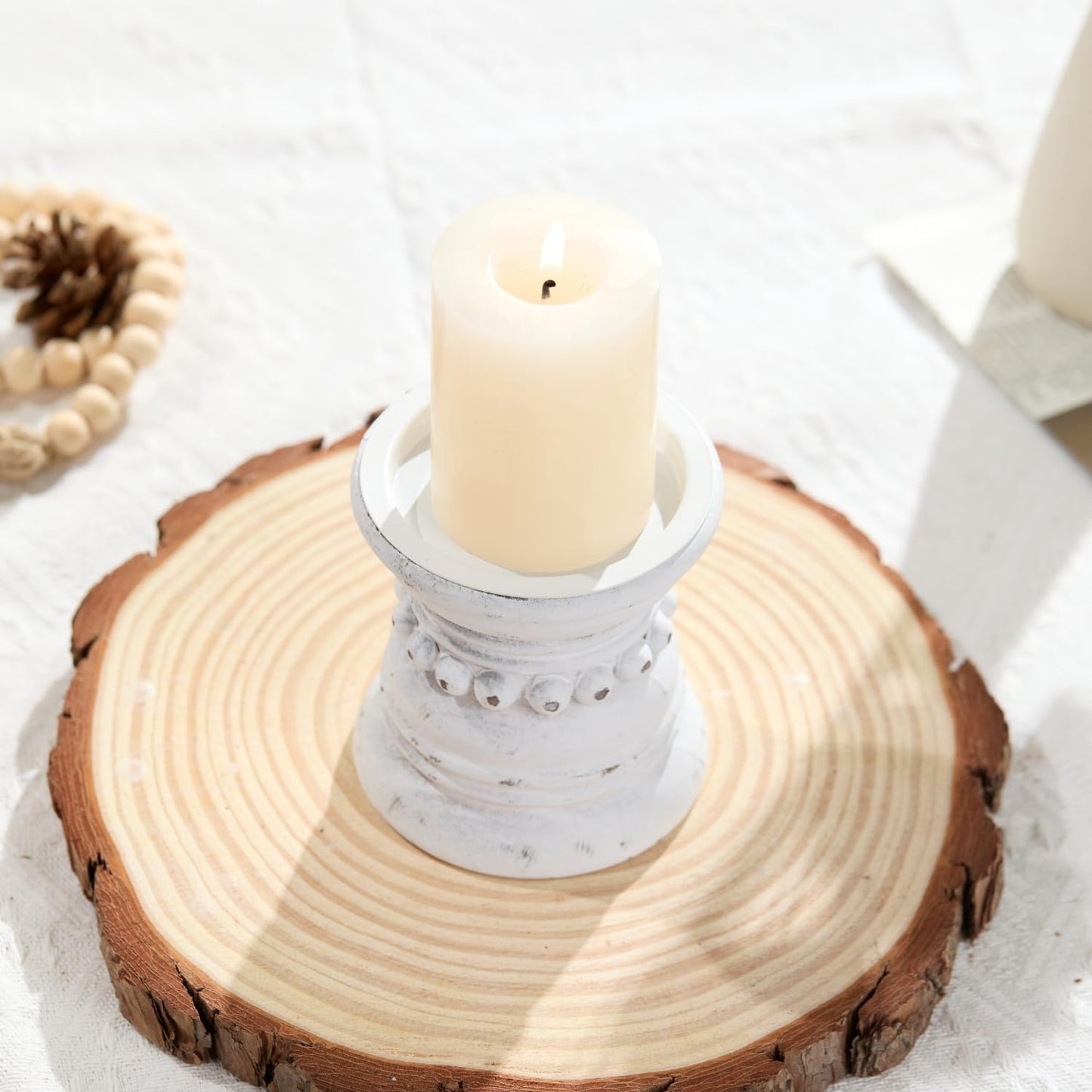 Wooden Candle Holder / Distressed White / 4 Inch