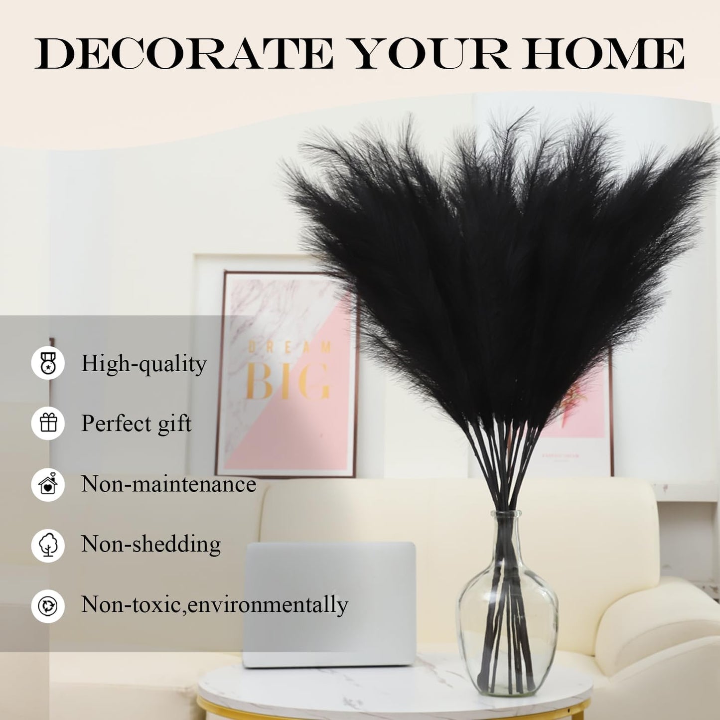 Faux Pampas Grass Decor Artificial Pampas Grass Bouquet Flower Arrangement / Black / Set of 8