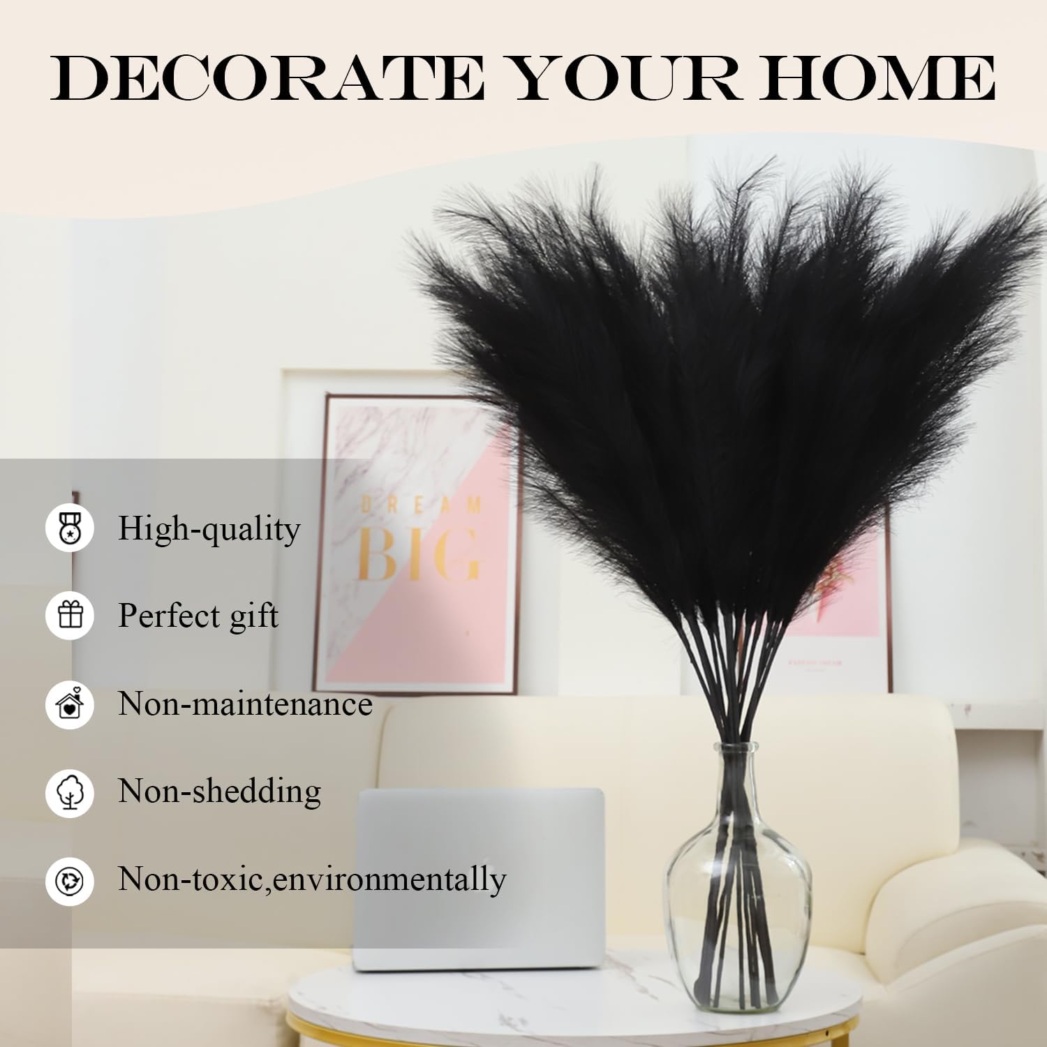 Faux Pampas Grass Decor Artificial Pampas Grass Bouquet Flower Arrangement / Black / Set of 8
