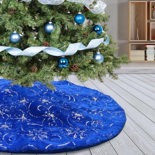 Christmas Tree Skirt Blue 36 inch Silver Christmas Tree Skirt Snowflakes Faux Fur for Xmas Holiday Home Party Decorations