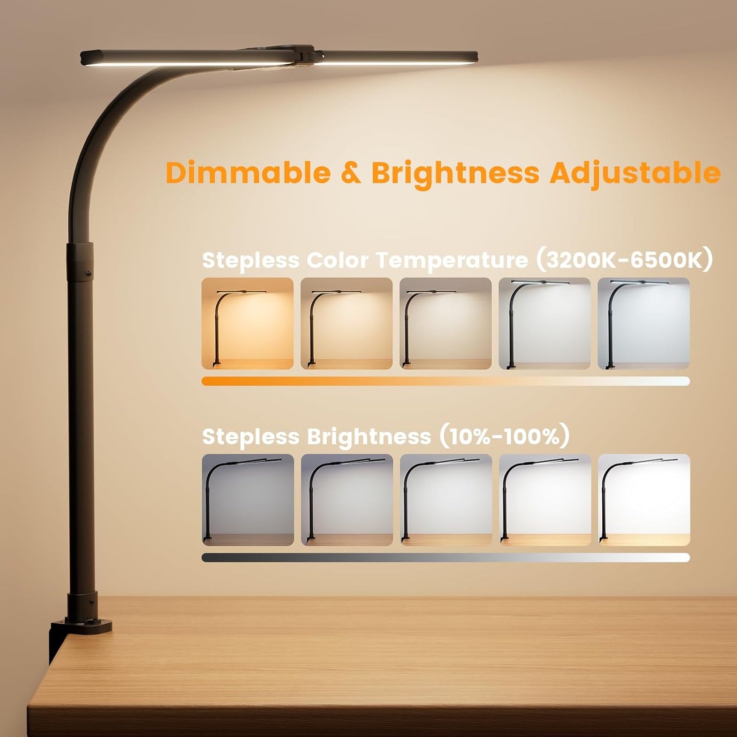 LED Desk Lamp for Home Office, 24W Computer Desk Light with Remote Control, Bright Table Lamp with Clamp Dimmable Tall