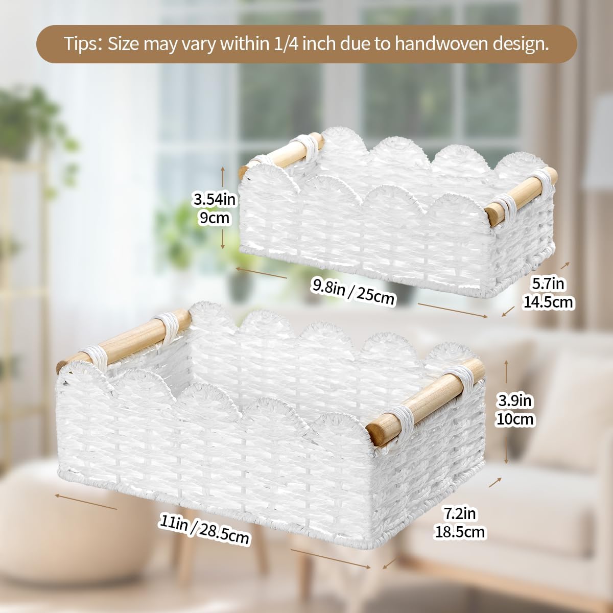 Wooden Handles Hand-Woven Organizer Bin / White-b / Set of 2