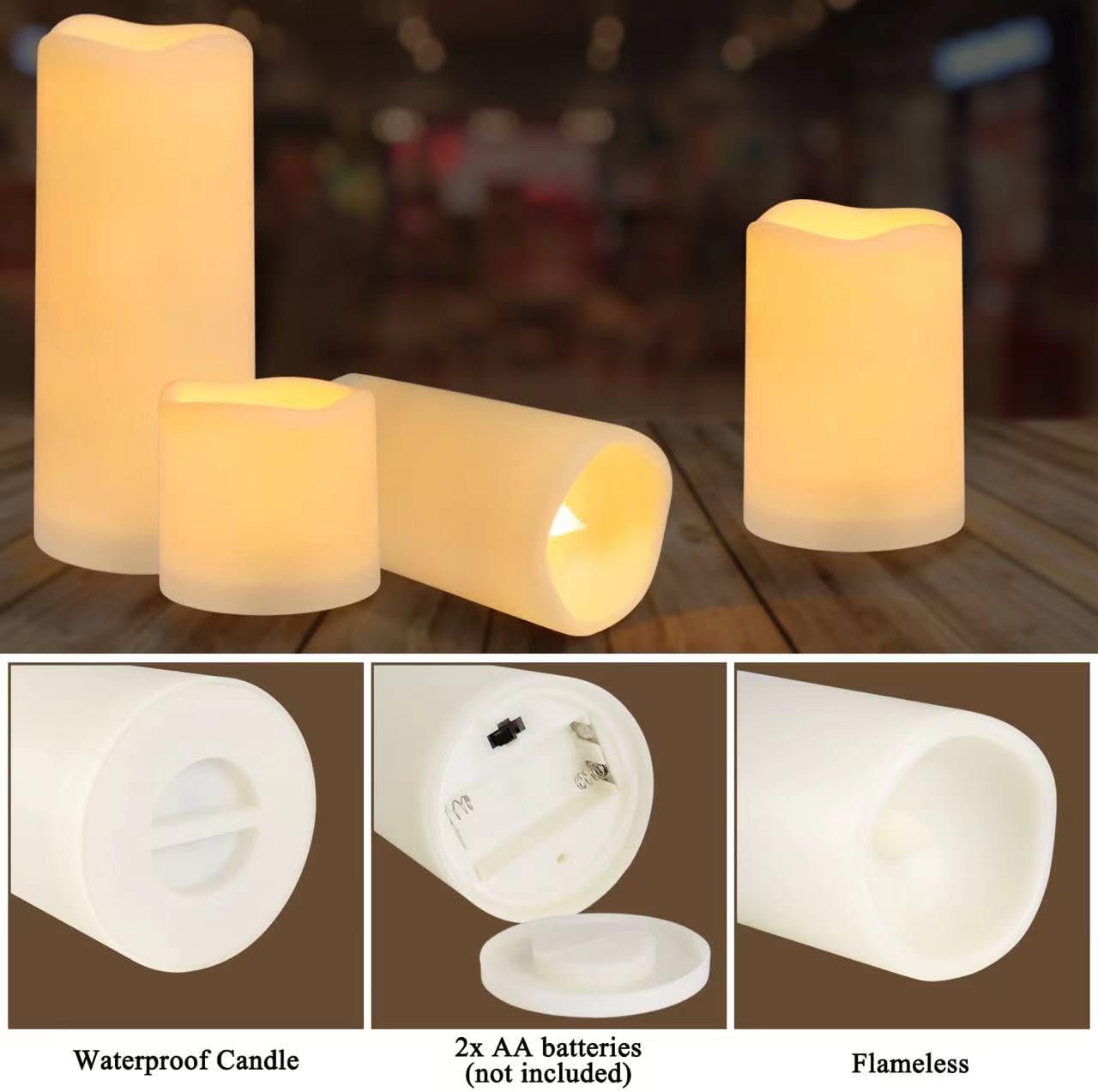 Flameless Battery Operated Outdoor Waterproof Set of 12(D: 3" x H: 3" 4" 5" 6") Pillar LED Candles with 10-Key Remote