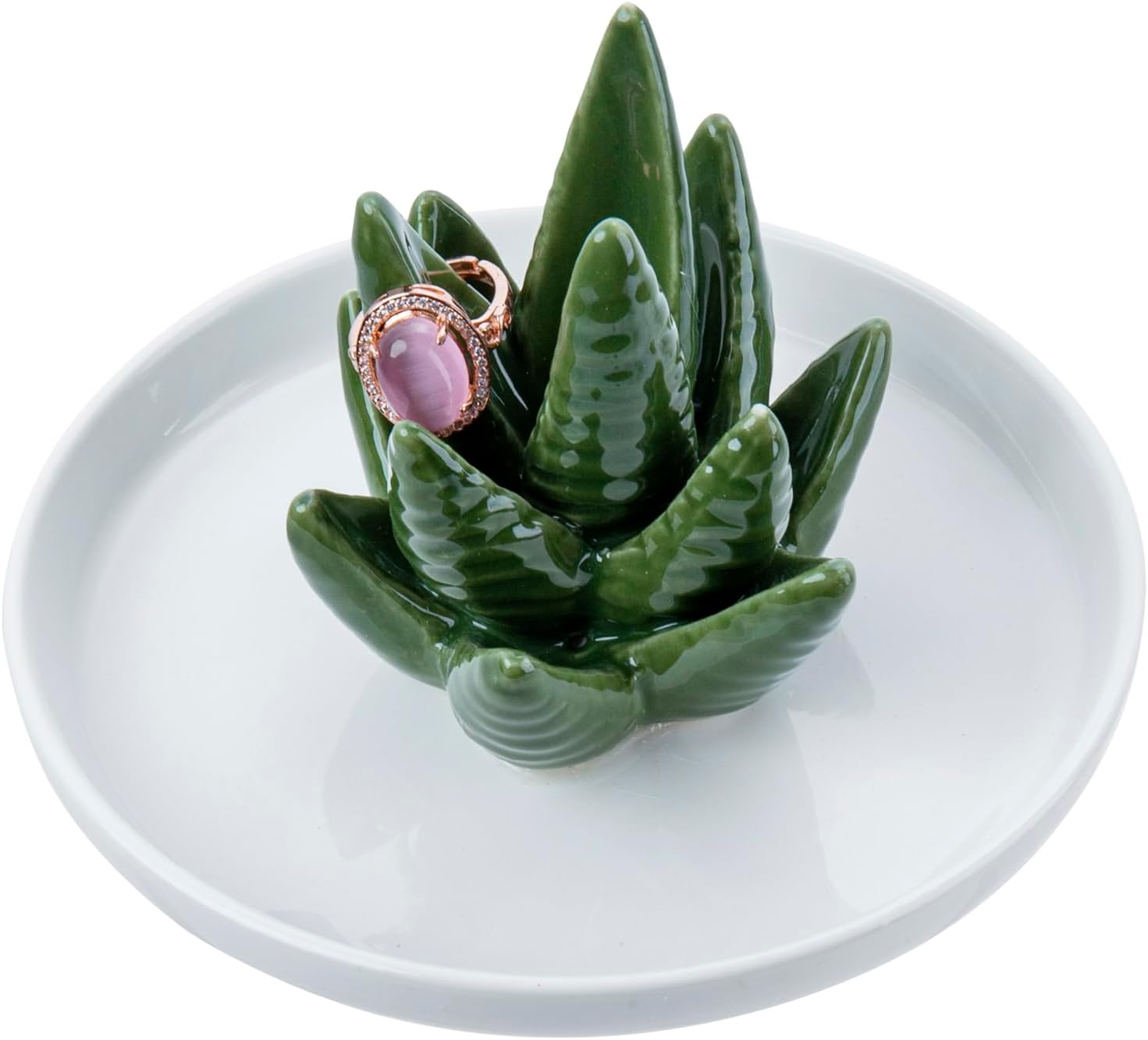 Decorative Ceramic Ring Tray for Jewelry / Ceramic Aloe / White