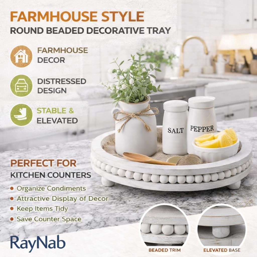 Farmhouse Round Wooden Beaded Tray