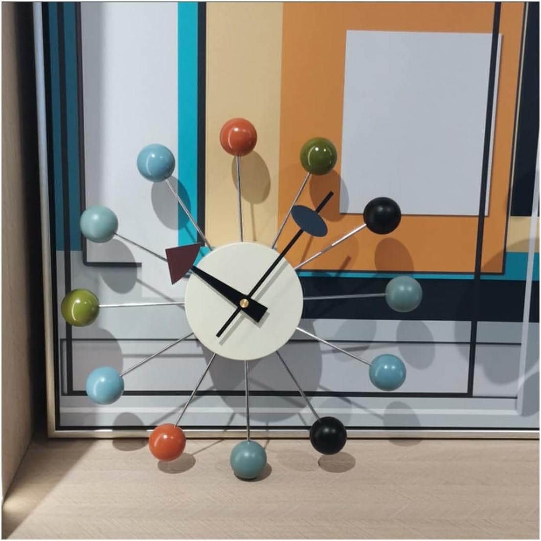 Wood Ball Wall Clock 13 Inch, Mid Century Modern | Battery Operated, Silent Non-Ticking, POP Color, Metal Frame, Decor