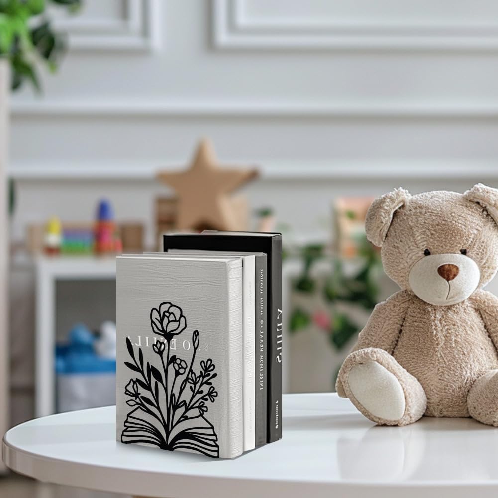 Metal Bookends / Modern Decorative Heavy Duty Study Book Support Stoppers / Books and Flowers