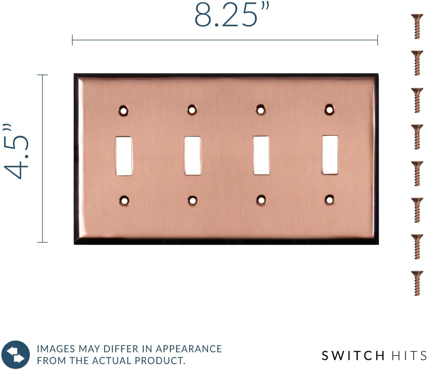 Pink Antique Copper Outlet Wall Plate | 4 Toggle | 8.25" x 4.5" | Hand-Polished Brass Construction | Electrical Switch