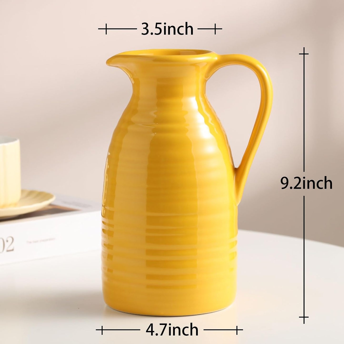 Farmhouse Pitcher Vase for Flowers- Decrative Pitchers White Ceramic Pitcher / Yellow - Pitcher Vase