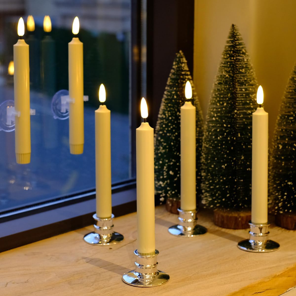 6PACK Flameless Battery Powered 8'' Ivory Taper Windows Candles, Include 12 AA Batteries, with Remote and Timer, with