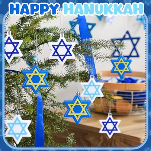 Chunful 24 Pcs Hanukkah Ornaments for Tree Star Hanging Ornaments Shatterproof Star of David Tree Decorations Chanukah Balls Blue and White Jewish Christmas Decorations for Xmas Party Supplies
