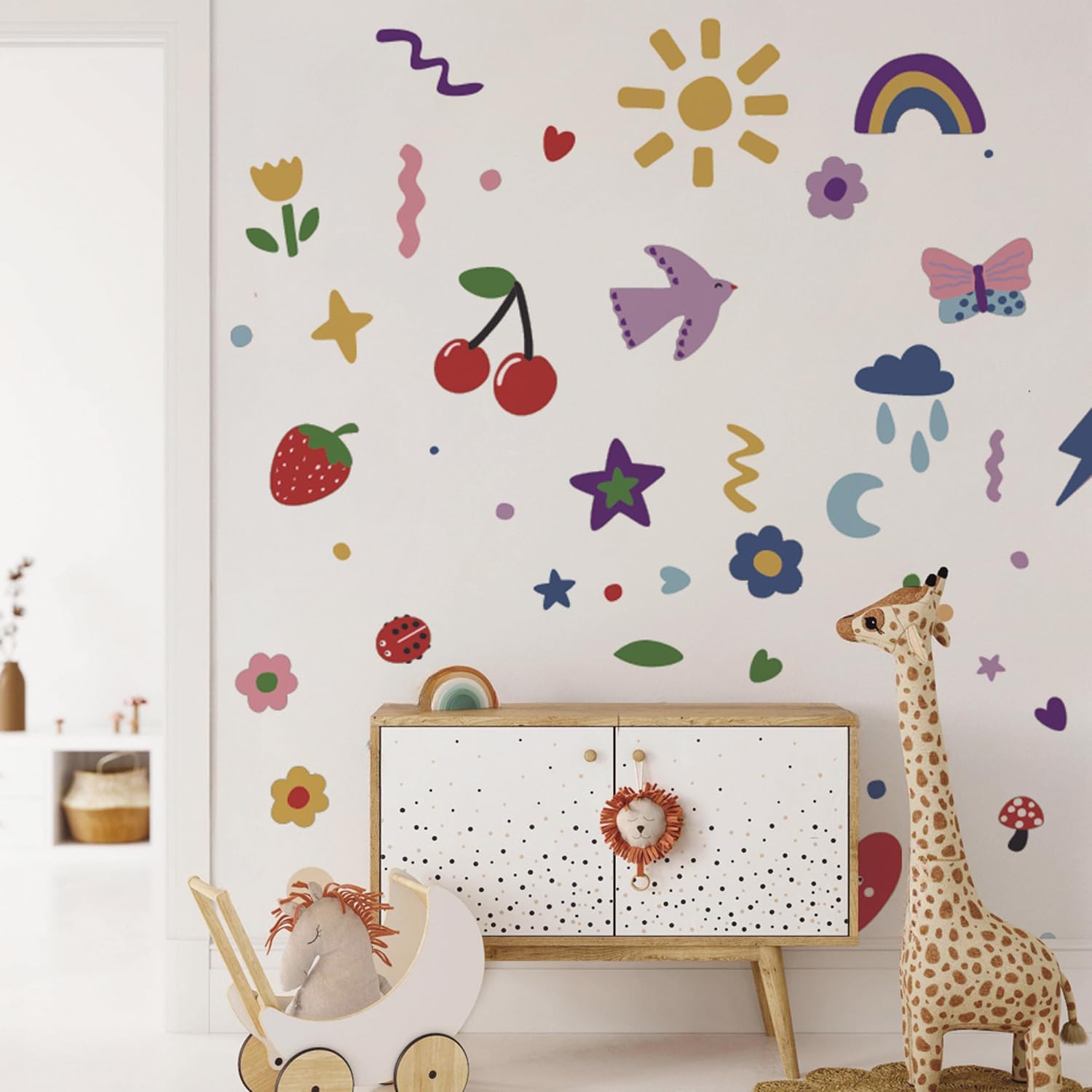 Colorful Rainbow Flowers Fabric Wall Stickers DIY Kids Fun Doodle Decals Removable / Set of 56