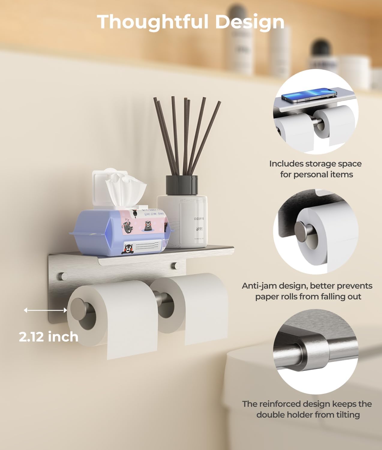 Double Toilet Paper Holder with Shelf, Wall Mount Tissue Roll Holder for Bathroom, 304 Stainless Steel Commercial
