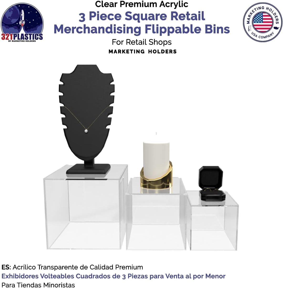 Marketing Holders Acrylic Display Riser Box Clear 4" 5" 6" Set One Open Side No Lid Merchandise Storage Caddys or Bins