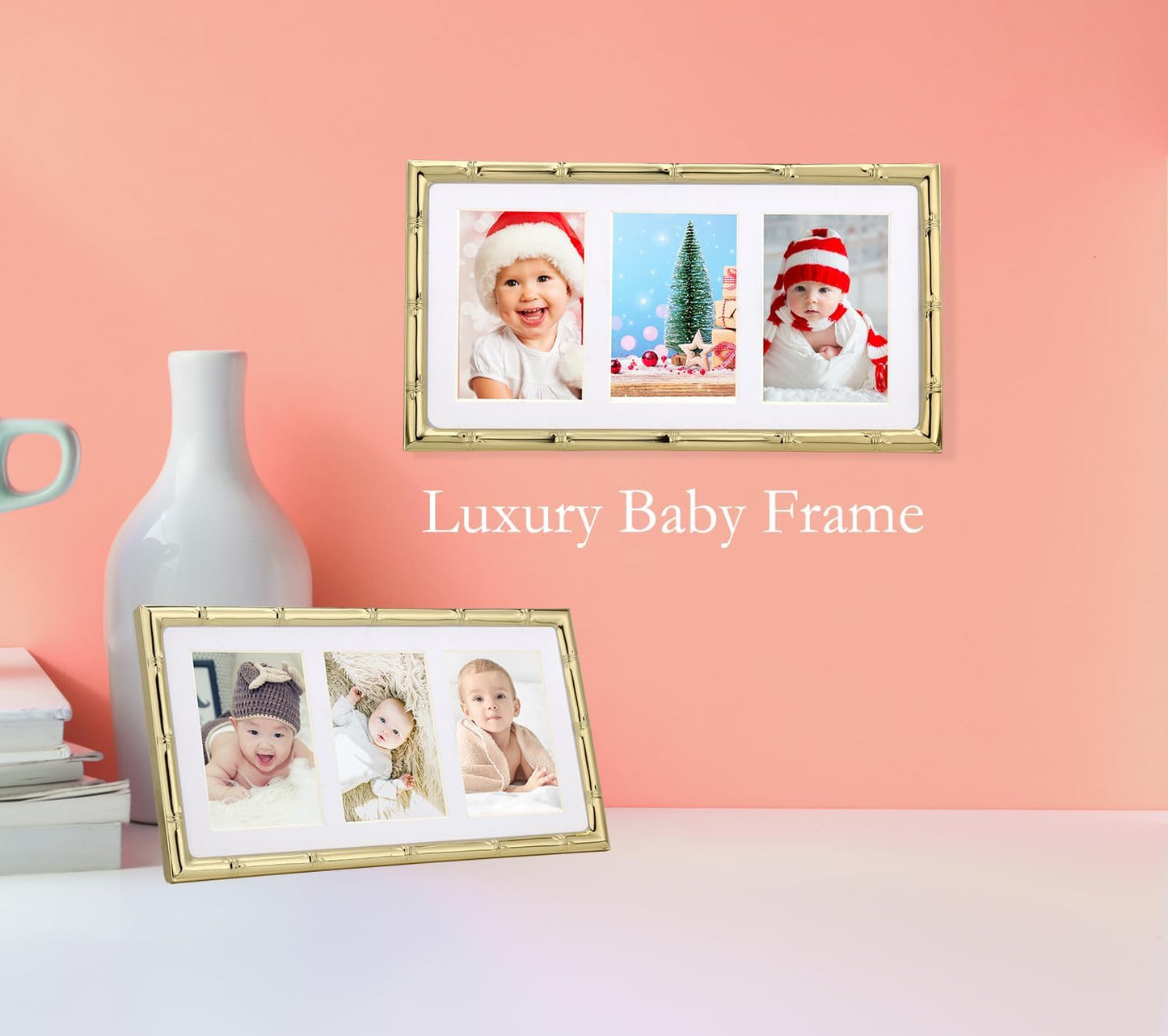 YiPinYin Gold 3-2x3'' Multi Bamboo Detail Designs Metal Picture Frame 3 Section Frame 2pack,Baby Nurse frames With Soft
